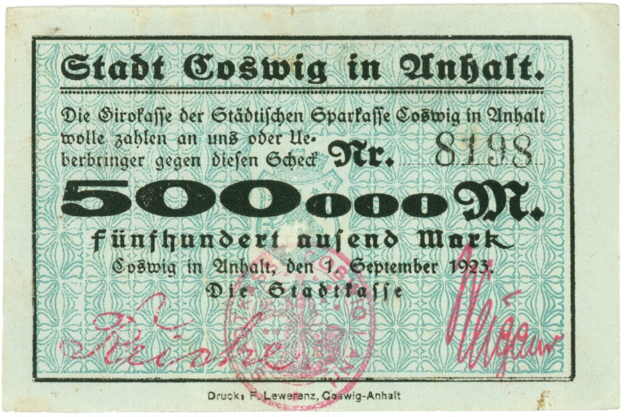 Schein (Scheck) der Hochinflation Coswig-Anhalt (500.000 Mark) (Kulturstiftung Sachsen-Anhalt CC BY-NC-SA)