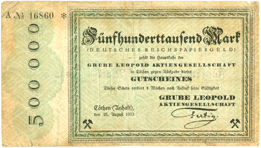 Schein (Scheck) der Hochinflation Cöthen-Anhalt (500.000 Mark) (Kulturstiftung Sachsen-Anhalt CC BY-NC-SA)