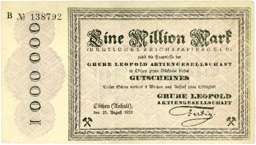 Schein (Scheck) der Hochinflation Cöthen-Anhalt (1.000.000 Mark) (Kulturstiftung Sachsen-Anhalt CC BY-NC-SA)