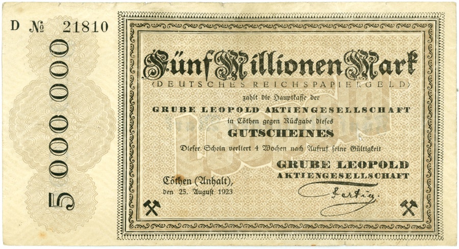 Schein (Scheck) der Hochinflation Cöthen-Anhalt (5.000.000 Mark) (Kulturstiftung Sachsen-Anhalt CC BY-NC-SA)