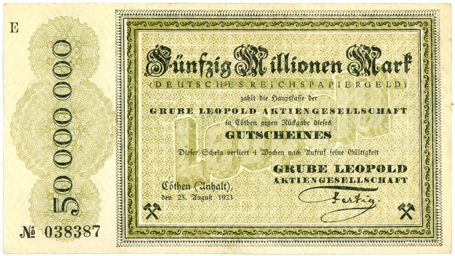 Schein (Scheck) der Hochinflation Cöthen-Anhalt (50.000.000 Mark) (Kulturstiftung Sachsen-Anhalt CC BY-NC-SA)