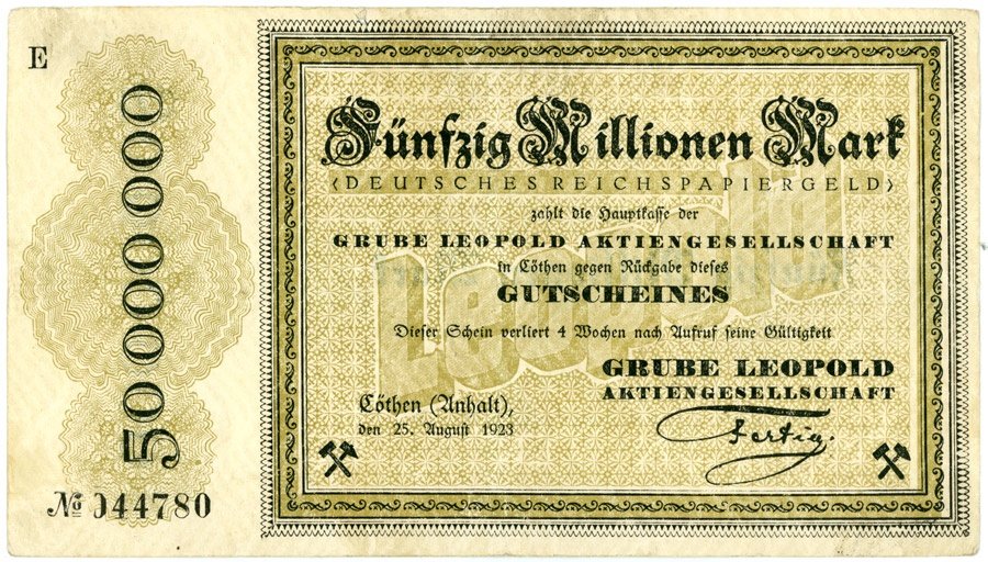 Schein (Scheck) der Hochinflation Cöthen-Anhalt (50.000.000 Mark) (Kulturstiftung Sachsen-Anhalt CC BY-NC-SA)