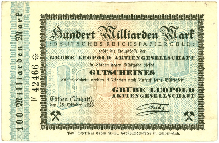 Schein (Scheck) der Hochinflation Cöthen-Anhalt (100 Milliarden Mark) (Kulturstiftung Sachsen-Anhalt CC BY-NC-SA)