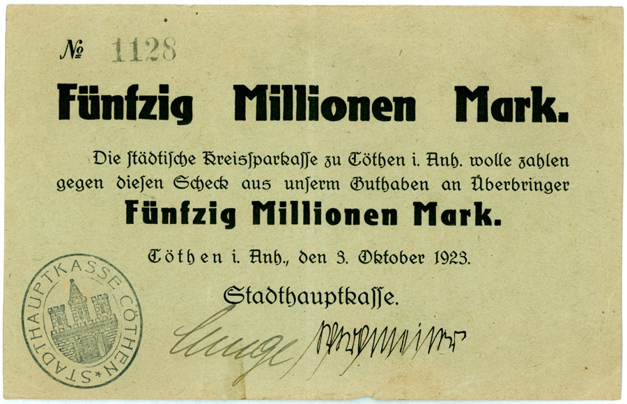 Schein (Scheck) der Hochinflation Cöthen-Anhalt (50 Millionen Mark) (Kulturstiftung Sachsen-Anhalt CC BY-NC-SA)