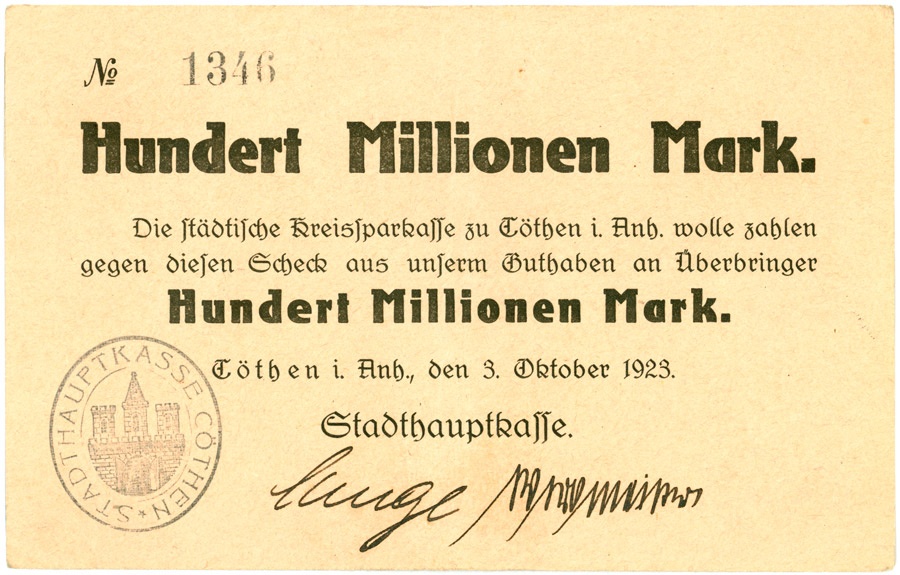 Schein (Scheck) der Hochinflation Cöthen-Anhalt (100 Millionen Mark) (Kulturstiftung Sachsen-Anhalt CC BY-NC-SA)