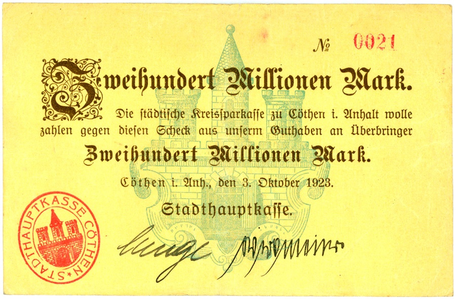 Schein (Scheck) der Hochinflation Cöthen-Anhalt (200 Millionen Mark) (Kulturstiftung Sachsen-Anhalt CC BY-NC-SA)