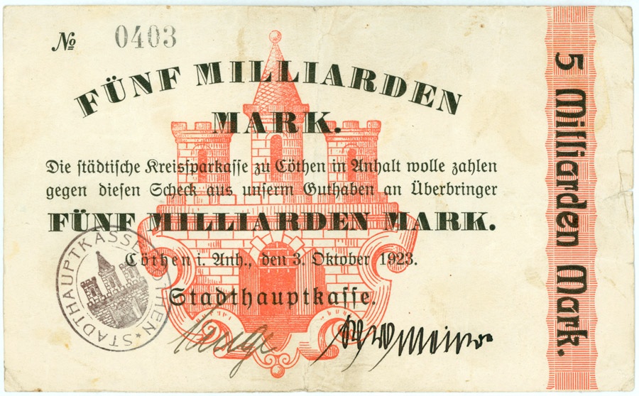 Schein (Scheck) der Hochinflation Cöthen-Anhalt (5 Milliarden Mark) (Kulturstiftung Sachsen-Anhalt CC BY-NC-SA)
