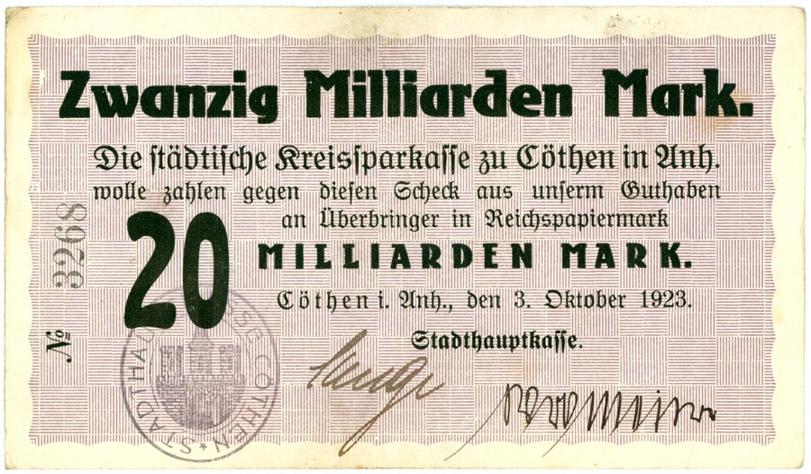 Schein (Scheck) der Hochinflation Cöthen-Anhalt (20 Milliarden Mark) (Kulturstiftung Sachsen-Anhalt CC BY-NC-SA)