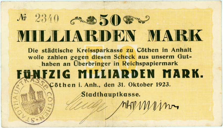 Schein (Scheck) der Hochinflation Cöthen-Anhalt (50 Milliarden Mark) (Kulturstiftung Sachsen-Anhalt CC BY-NC-SA)