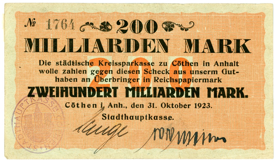 Schein (Scheck) der Hochinflation Cöthen-Anhalt (200 Milliarden Mark) (Kulturstiftung Sachsen-Anhalt CC BY-NC-SA)