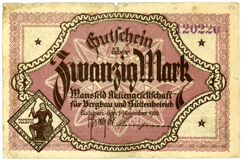 Schein der deutschen Inflation, Mansfeld AG (20 Mark) (Kulturstiftung Sachsen-Anhalt CC BY-NC-SA)