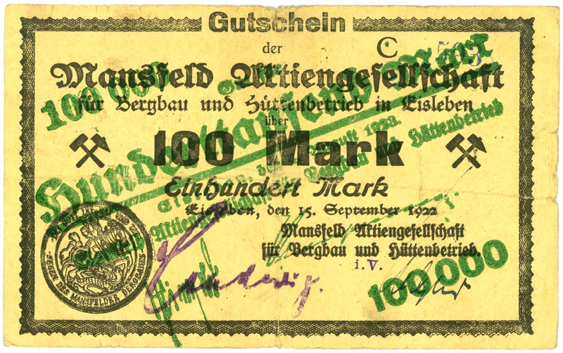 Schein der deutschen Inflation, Mansfeld AG (100.000 Mark) (Kulturstiftung Sachsen-Anhalt CC BY-NC-SA)