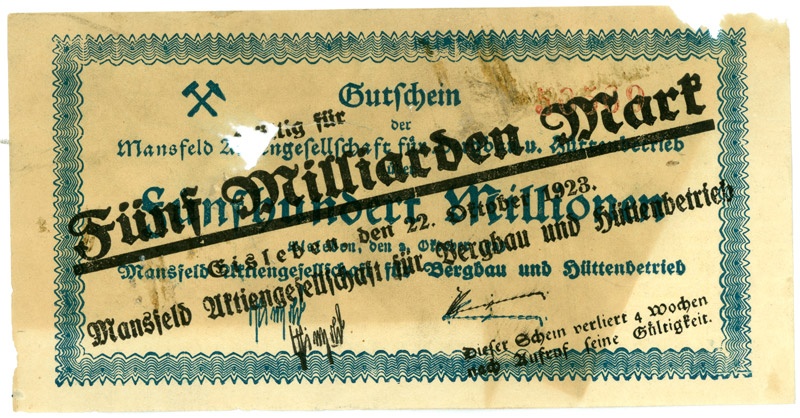 Schein der deutschen Inflation, Mansfeld AG (5 Milliarden Mark) (Kulturstiftung Sachsen-Anhalt CC BY-NC-SA)