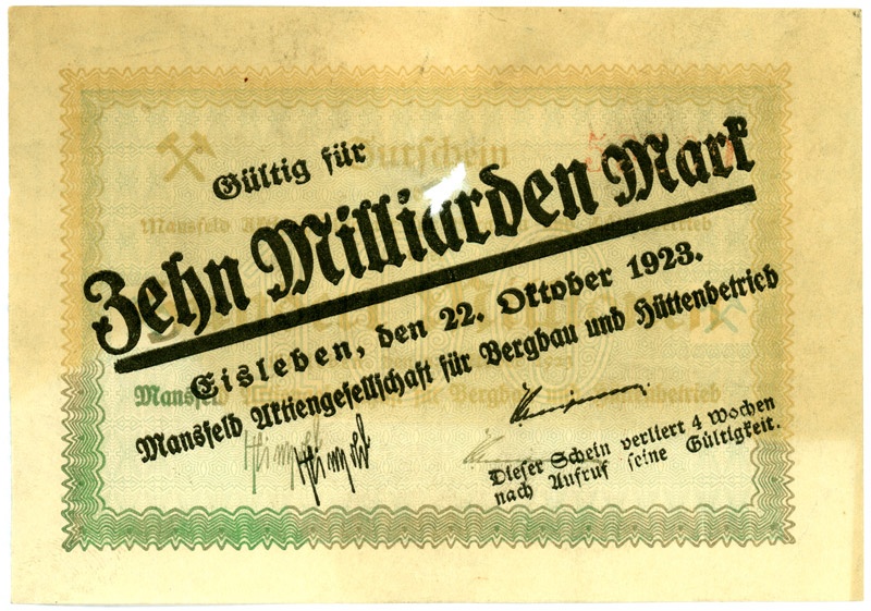 Schein der deutschen Inflation, Mansfeld AG (10 Milliarden Mark) (Kulturstiftung Sachsen-Anhalt CC BY-NC-SA)
