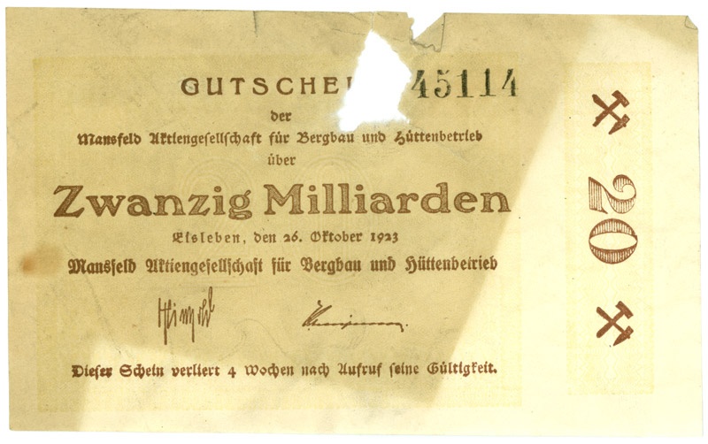 Schein der deutschen Inflation, Mansfeld AG (20 Milliarden Mark) (Kulturstiftung Sachsen-Anhalt CC BY-NC-SA)