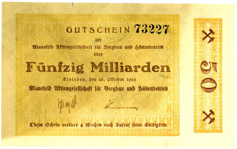 Schein der deutschen Inflation, Mansfeld AG (50 Milliarden Mark) (Kulturstiftung Sachsen-Anhalt CC BY-NC-SA)