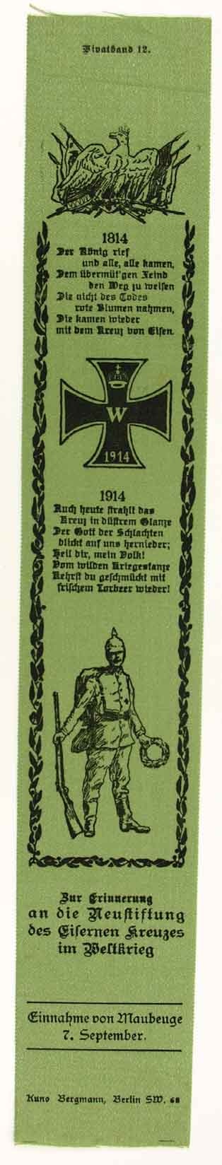 Vivatband anlässlich der Neustiftung des Eisernen Kreuzes, 1. Weltkrieg 1914 (Museum Weißenfels - Schloss Neu-Augustusburg CC BY-NC-SA)