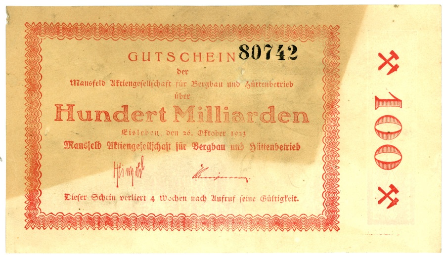 Schein der deutschen Inflation, Mansfeld AG (100 Milliarden Mark) (Kulturstiftung Sachsen-Anhalt CC BY-NC-SA)