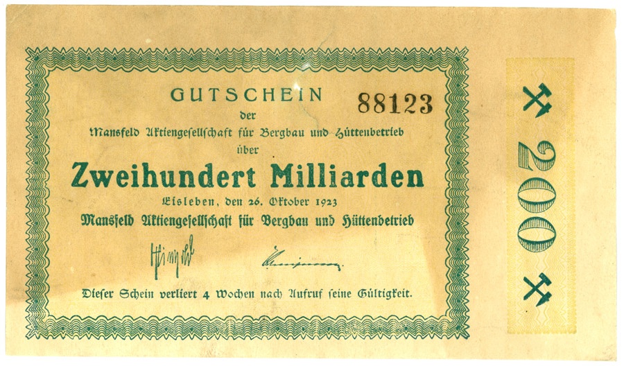 Schein der deutschen Inflation, Mansfeld AG (200 Milliarden Mark) (Kulturstiftung Sachsen-Anhalt CC BY-NC-SA)
