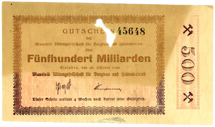 Schein der deutschen Inflation, Mansfeld AG (500 Milliarden Mark) (Kulturstiftung Sachsen-Anhalt CC BY-NC-SA)