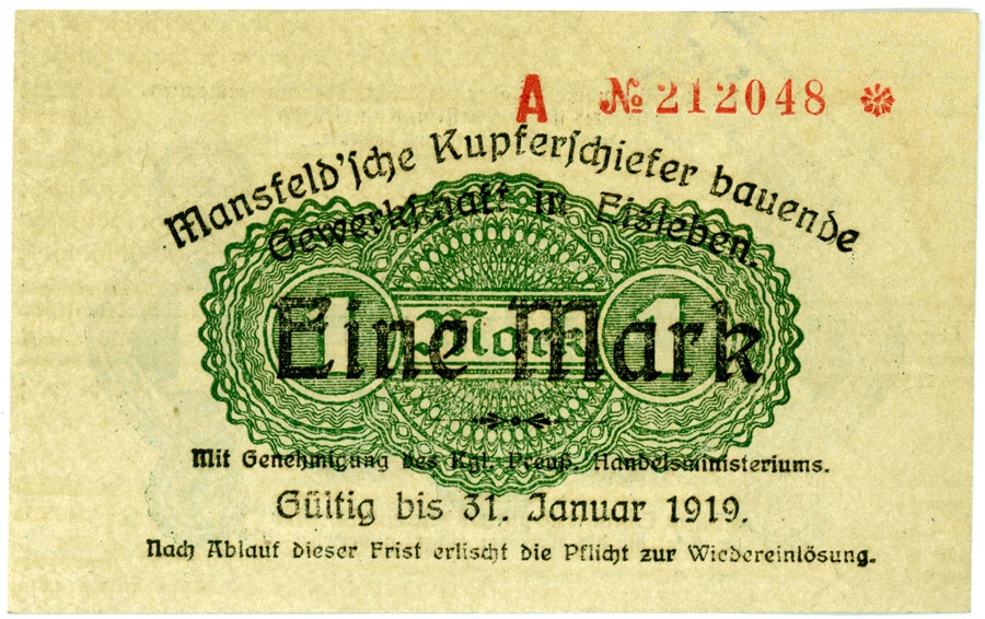 Ersatzgeldschein Mansfeldsche Gewerkschaft (1 Mark) (Kulturstiftung Sachsen-Anhalt CC BY-NC-SA)