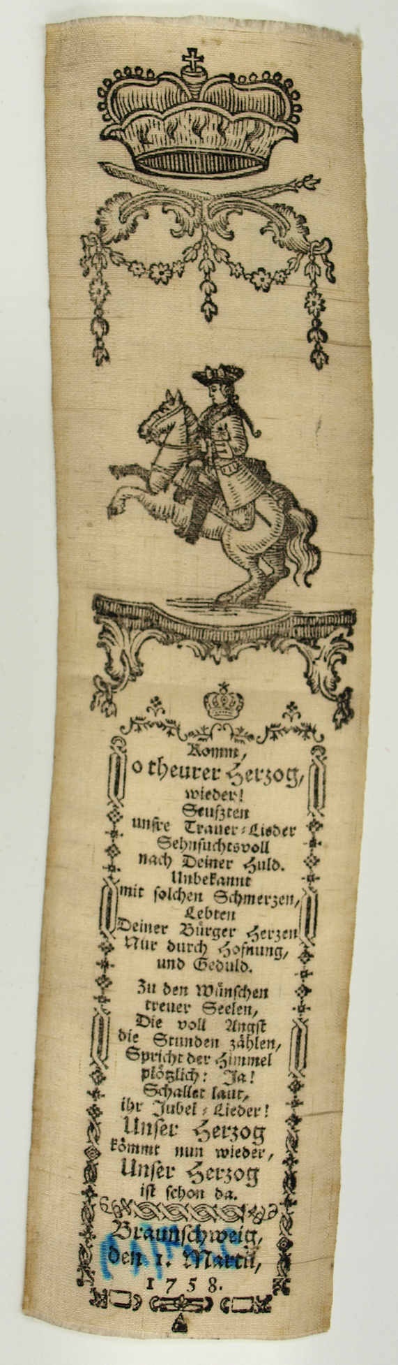 Vivatband zu Ehren des Herzogs von Braunschweig, Siebenjähriger Krieg 1758 (Museum Weißenfels - Schloss Neu-Augustusburg CC BY-NC-SA)