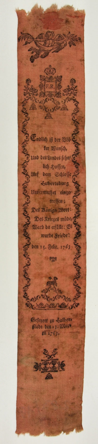Vivatband anlässlich des am 15.2.1763 zu Hubertusburg geschlossenen Friedens (Museum Weißenfels - Schloss Neu-Augustusburg CC BY-NC-SA)