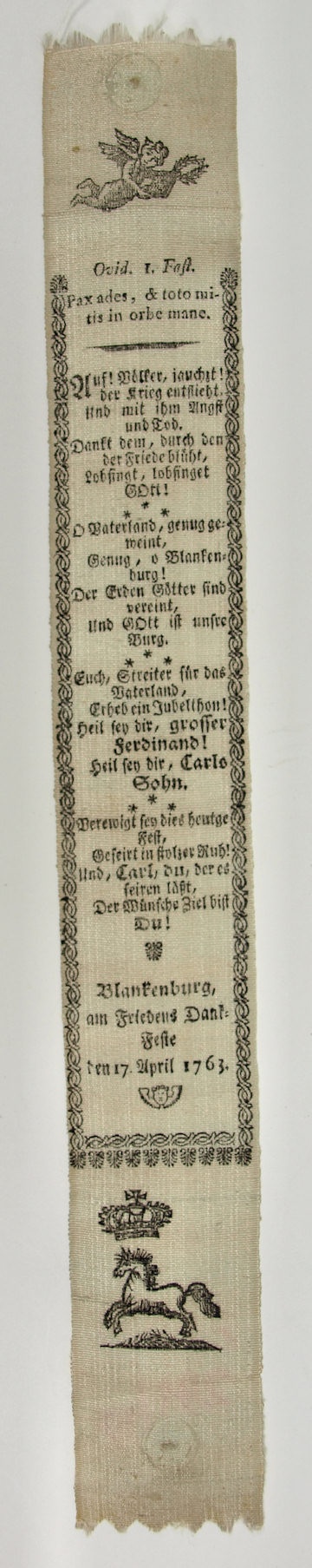Vivatband anlässlich des Friedens von Hubertusburg 1763 (Museum Weißenfels - Schloss Neu-Augustusburg CC BY-NC-SA)