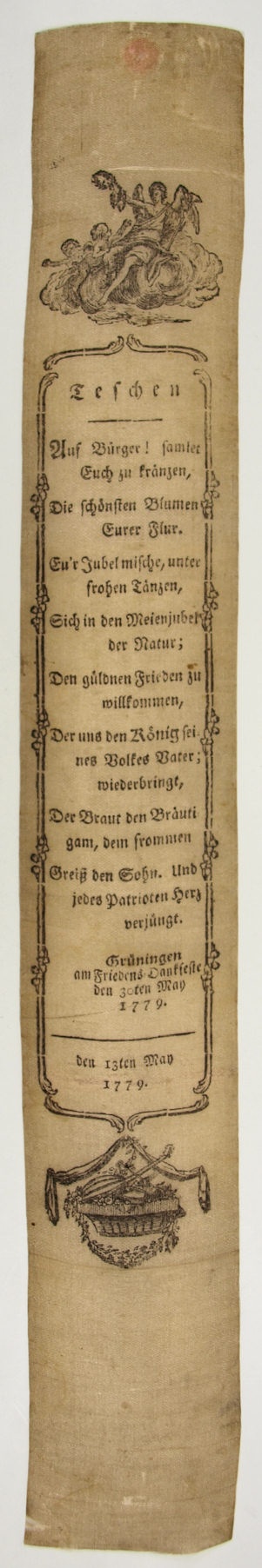 Vivatband anlässlich des Friedens von Teschen, Grüningen am Friedens-Dankfeste den 30ten May 1779 (Museum Weißenfels - Schloss Neu-Augustusburg CC BY-NC-SA)