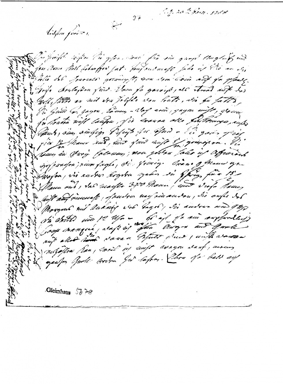 Brief Johann Wilhelm Ludwig Gleims an Kleist, 20.01.1758 (Gleimhaus Halberstadt CC BY-NC-SA)