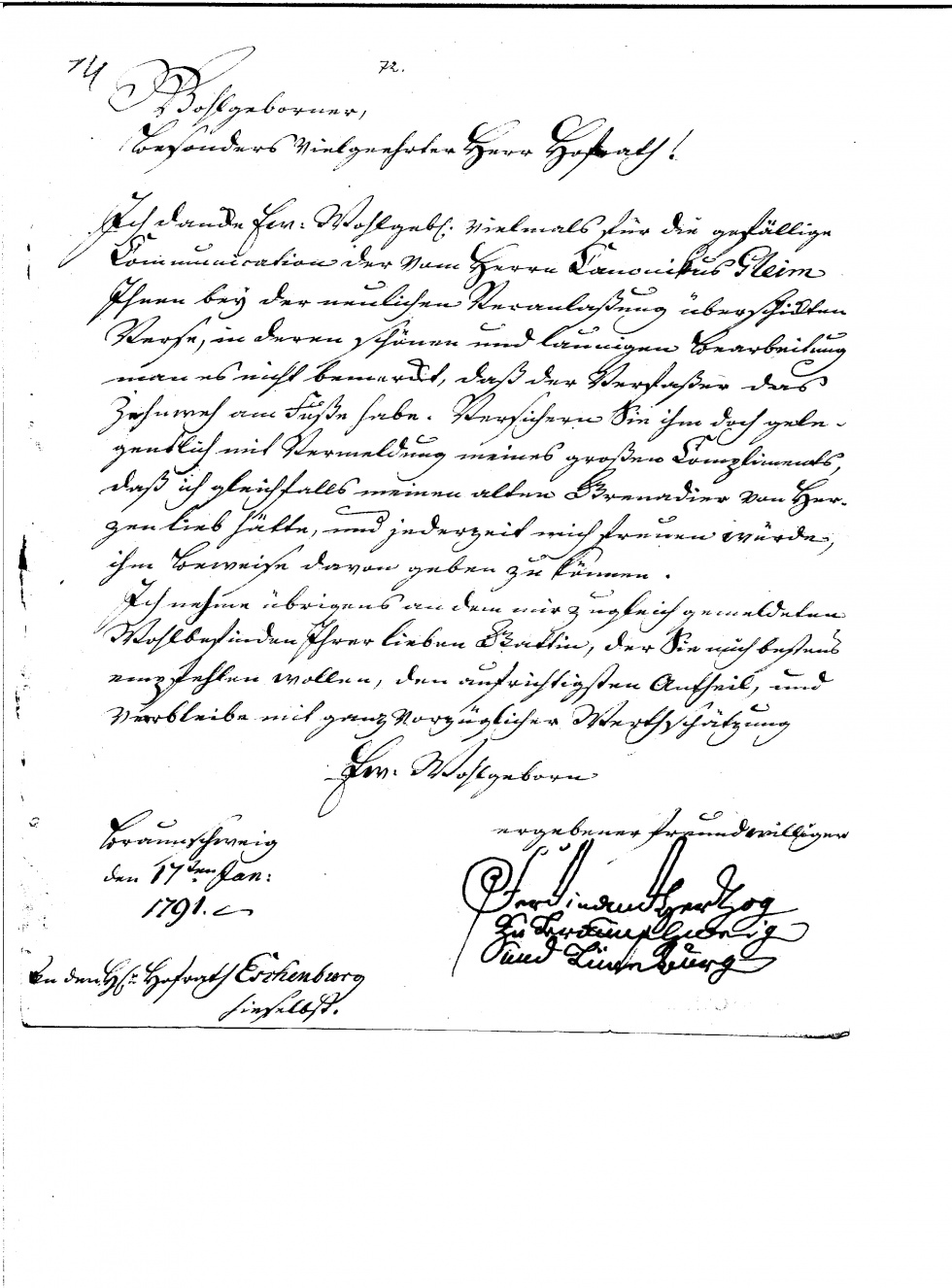 Brief von Ferdinand Herzog von Braunschweig-Lüneburg an Johann Joachim Eschenburg, Braunschweig, 17.1.1791 (Gleimhaus Halberstadt CC BY-NC-SA)