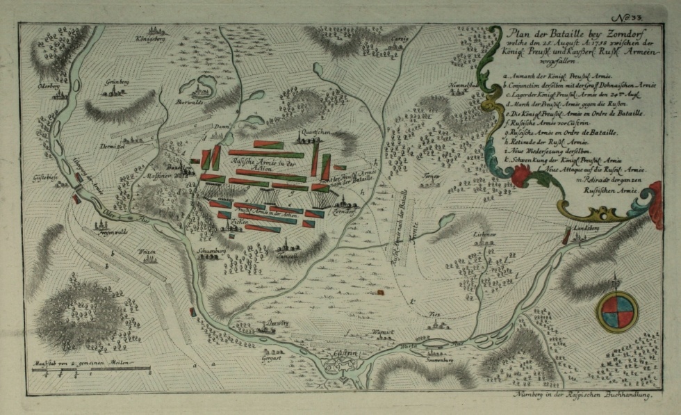 Plan der Bataille bey Zorndorf, welche den 25. August A: 1758 zwischen der Königl. Preuß. Und Kayßerl. Ruß. Arméen vorgefallen (Gleimhaus Halberstadt CC BY-NC-SA)