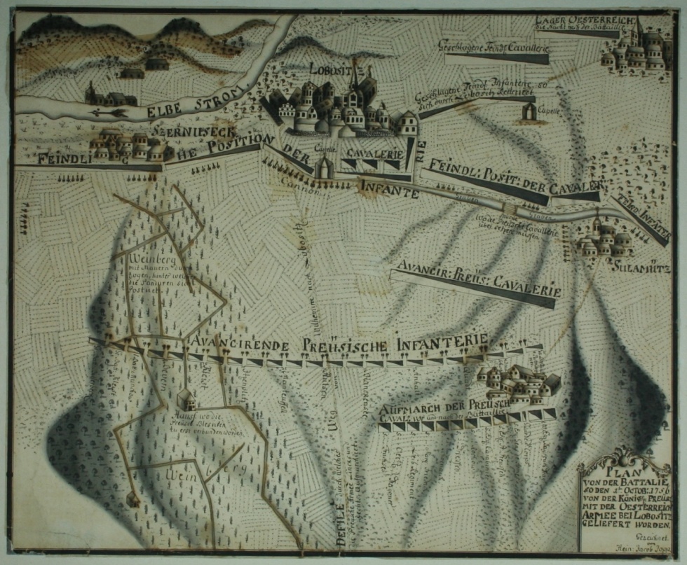 Plan von der Battailie / so den 1ten Octob. 1756 von der Königl. Preuss. Mit der Oesterreich. Armee bei Lobositz Geliefert worden. (Gleimhaus Halberstadt CC BY-NC-SA)