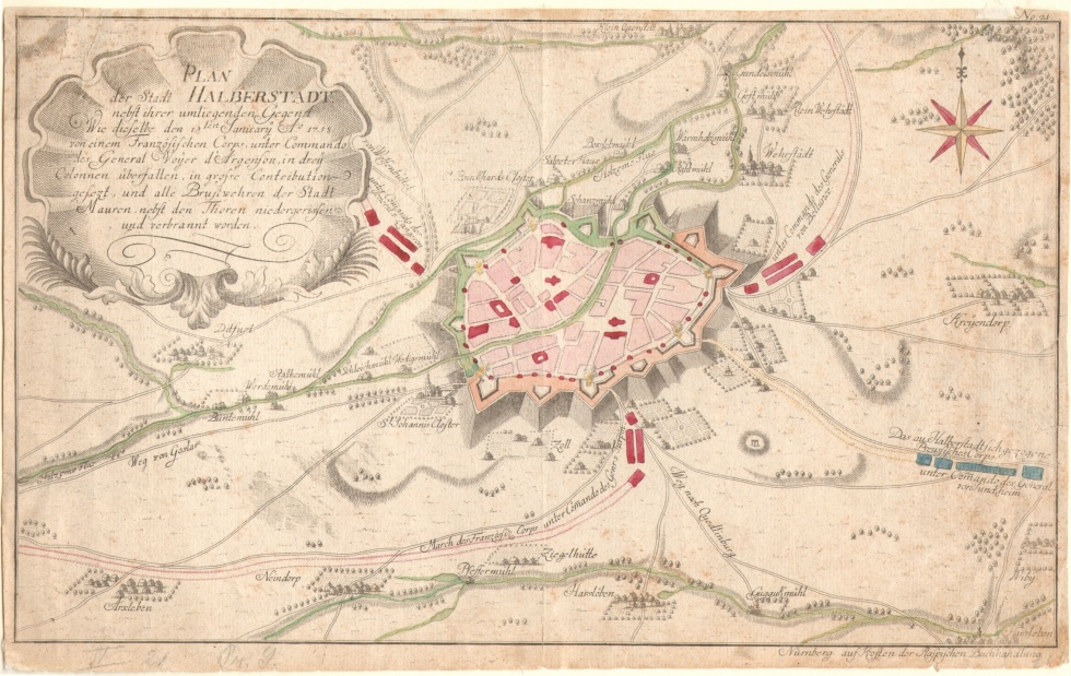 Plan der Stadt Halberstadt, nebst ihrer umliegenden Gegend / Wie dieselbe den 10.ten January Ao 1758 von einem Französischen Corps, unter Commando des General V (Gleimhaus Halberstadt CC BY-NC-SA)