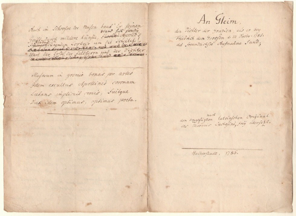 An Gleim, den Dichter der Grazien, als er bey Friedrich dem Grossen d. 22 Decbr. 1785. die freundliche Aufnahme fand (Gleimhaus Halberstadt CC BY-NC-SA)