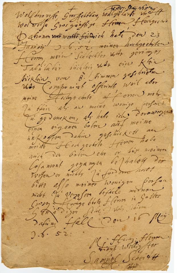 Brief von Samuel Scheidt an den Rat der Stadt Bitterfeld (Stiftung Händel-Haus Halle CC BY-NC-SA)