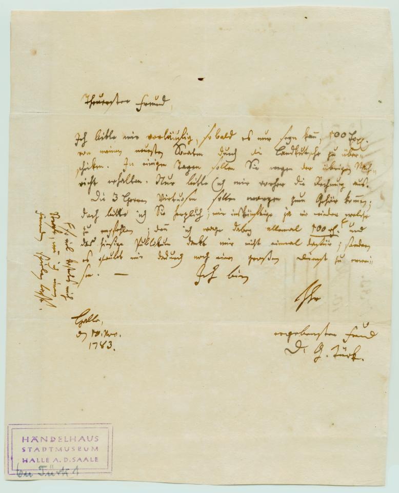 Brief von Daniel Gottlob Türk an Gottlob Immanuel Breitkopf (Stiftung Händel-Haus Halle CC BY-NC-SA)
