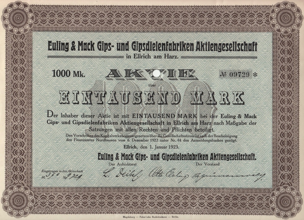 Aktie der Ellricher Gipsfabrik Euling (Ortsgeschichtliche Sammlung Walkenried CC BY-SA)