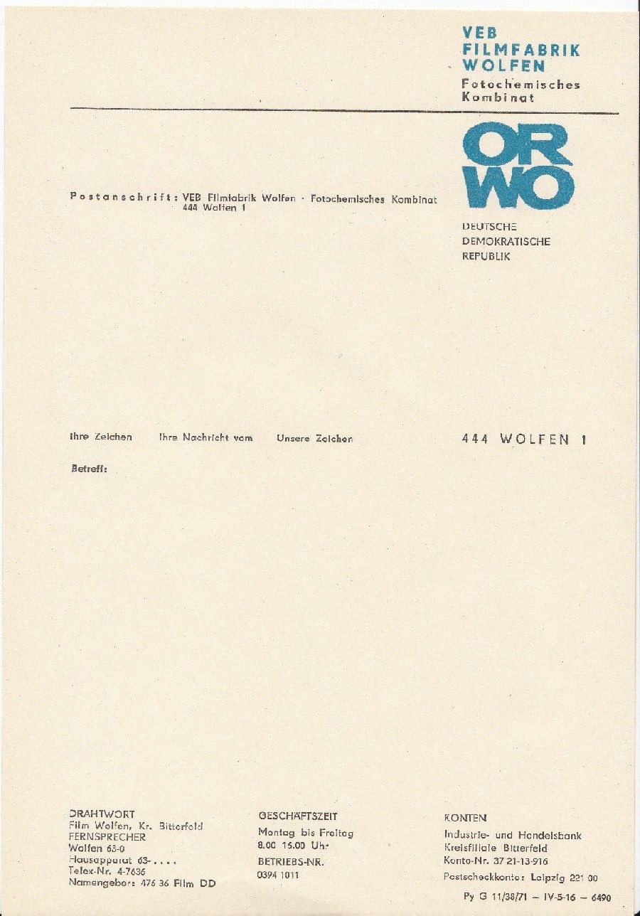 Kopfbogen der VEB Filmfabrik Wolfen (Industrie- und Filmmuseum Wolfen CC BY-NC-SA)