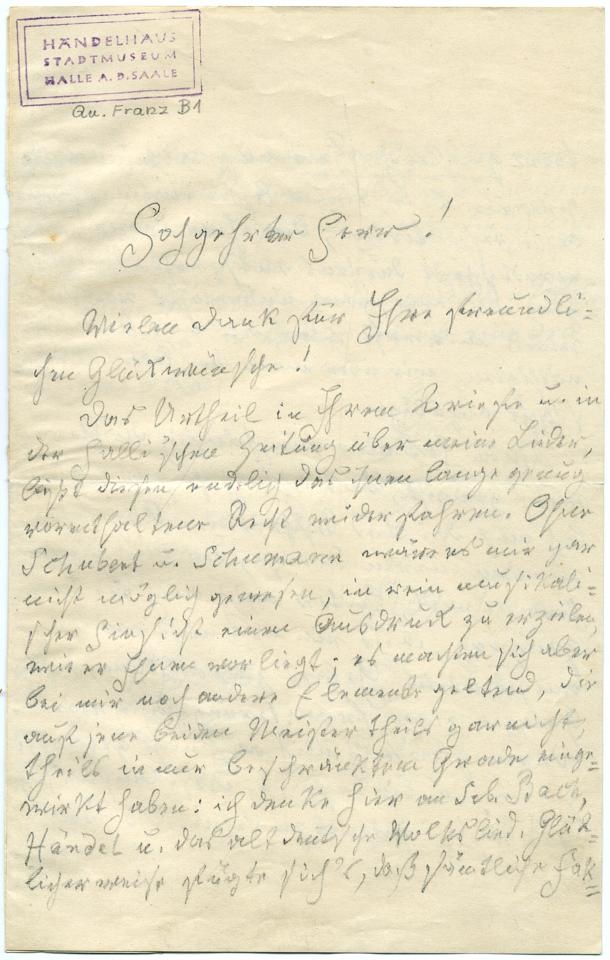 Brief von Robert Franz an Max Chop (Stiftung Händel-Haus Halle CC BY-NC-SA)