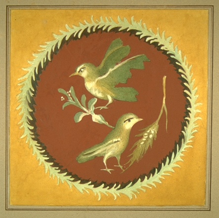Medaillon mit Vogelstillleben brauner Grund, grüner Blattkranz, gelbes Feld (Winckelmann-Museum Stendal CC BY-NC-SA)