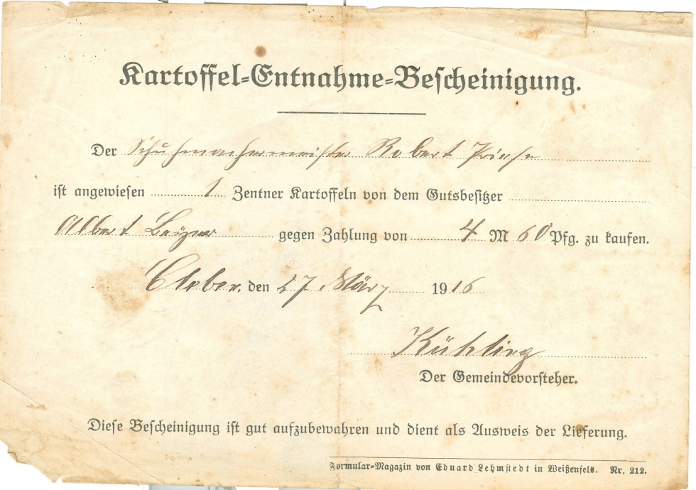 Formular Kartoffel-Entnahme Bescheinigung, 1916, Kleben (Museum Weißenfels - Schloss Neu-Augustusburg CC BY-NC-SA)