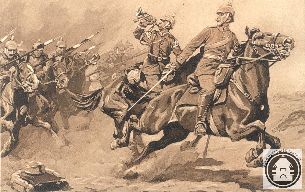 Wohlfahrtskarte &quot;Der große Krieg 1914/15&quot; - Attacke deutscher Dragoner in der Schlacht an der Marne (Kreismuseum Bitterfeld CC BY-NC-SA)