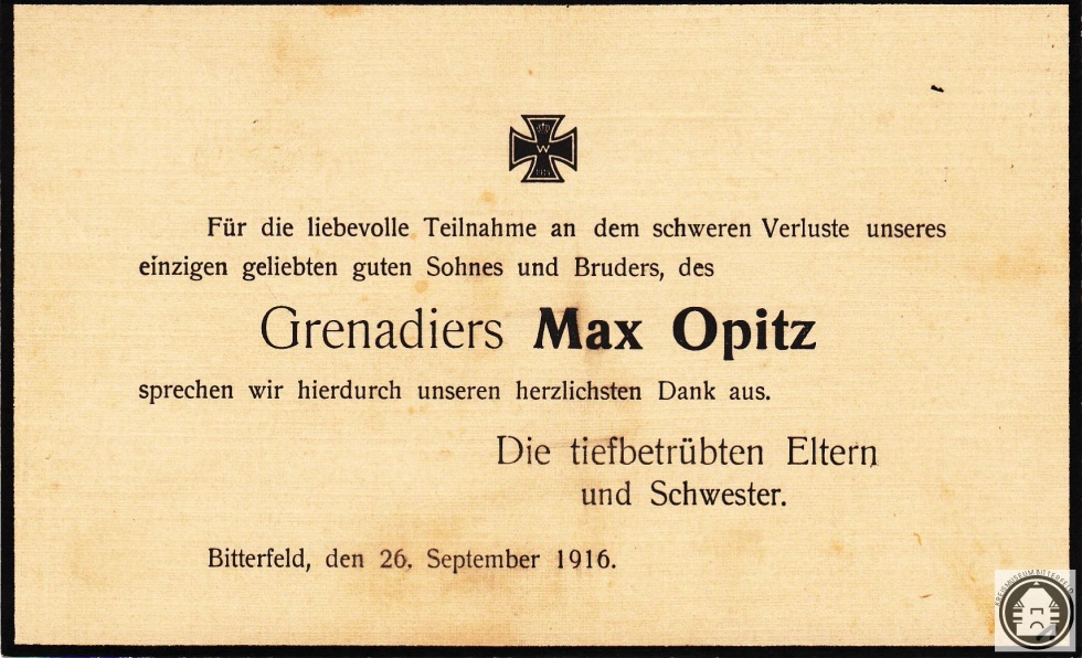 Dankeskarte, Grenadier Max Opitz (Kreismuseum Bitterfeld CC BY-NC-SA)