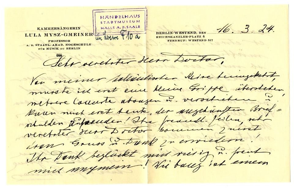 Brief von Lula Mysz-Gmeiner an Max Runze (Stiftung Händel-Haus Halle CC BY-NC-SA)