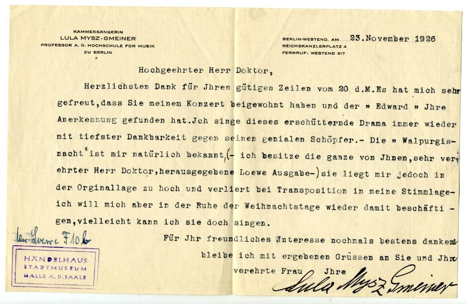 Brief von Lula Mysz-Gmeiner an Max Runze vom 23.11.1926 (Stiftung Händel-Haus Halle CC BY-NC-SA)