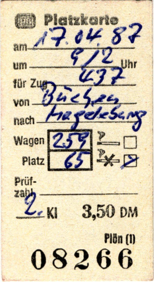 Platzkarte Deutsche Bahn (Museum Wolmirstedt RR-F)