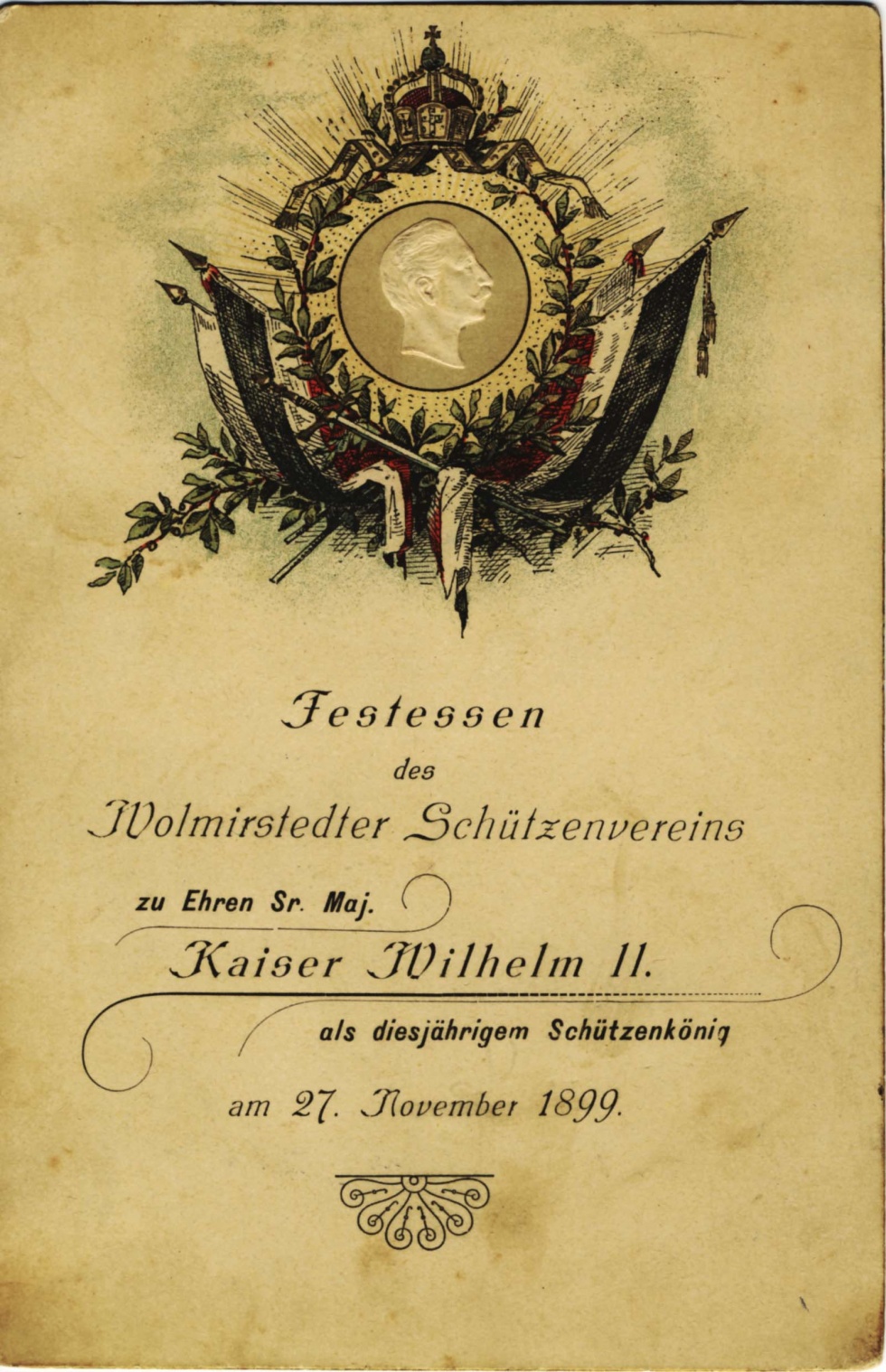 Tischkarte zum Festessen des Wolmirstedter Schützenvereins (Museum Wolmirstedt RR-F)