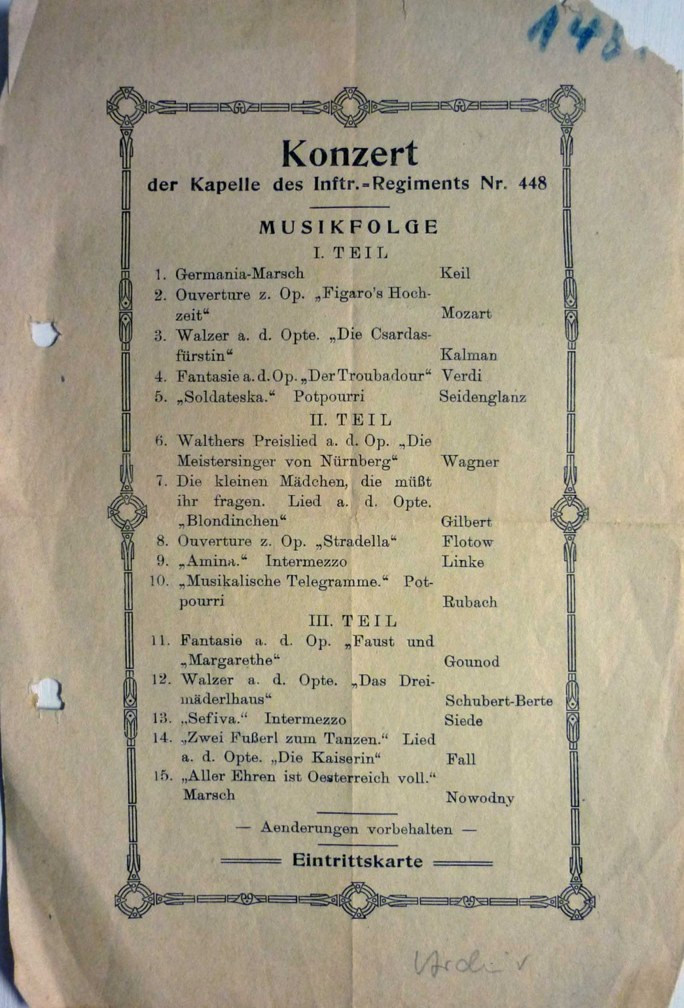 Eintrittskarte mit Konzertmusikfolge (Museum Wolmirstedt RR-F)