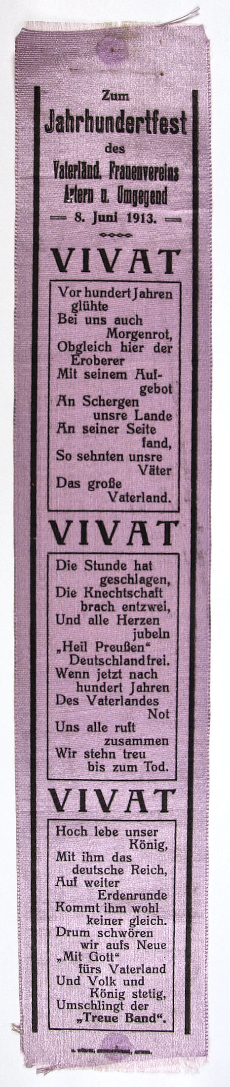 Vivatband zum Jahrhundertfest des Vaterländ. Frauenvereins Artern und Umgebung  8. Juni 1913 (Museum Weißenfels - Schloss Neu-Augustusburg CC BY-NC-SA)
